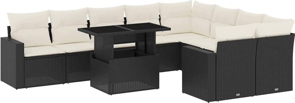 vidaXL 10-tlg. Garten-Sofagarnitur mit Kissen Schwarz Poly Rattan