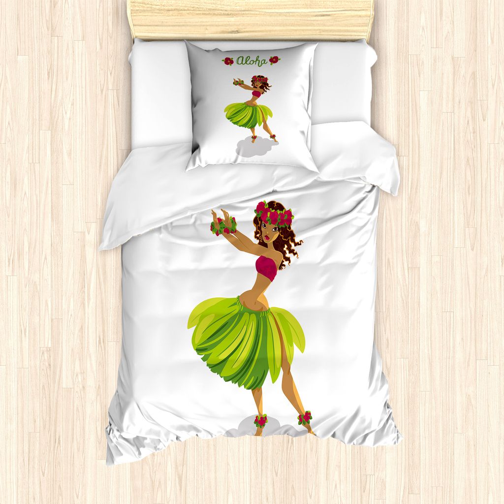 ABAKUHAUS Luau Bettbezug Set für Einzelbetten, Hula-Tänzer-Mädchen Aloha Wording, Milbensicher Allergiker geeignet mit Kissenbezug, 135 cm x 200...