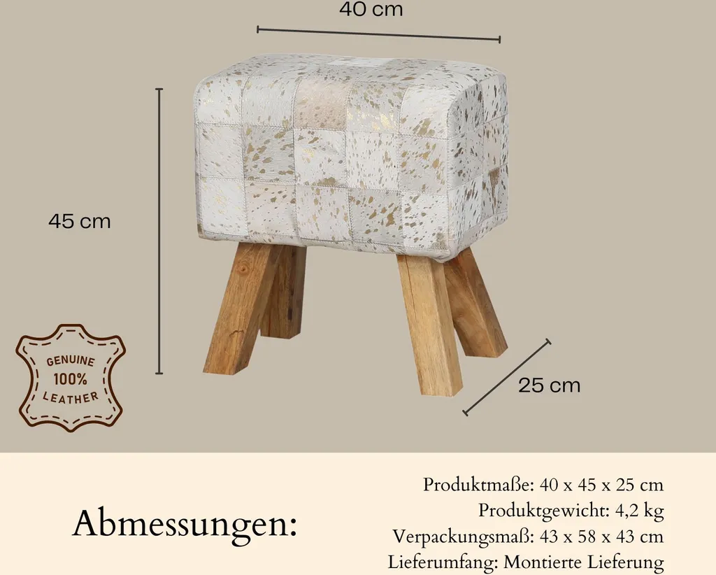 Tabouret bas design patchwork de cuir Adelphia avec pieds bois massif
