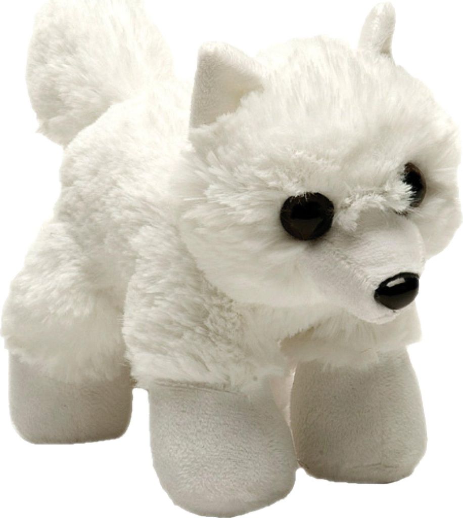 A white plush toy arctic fox is shown against a white background.
