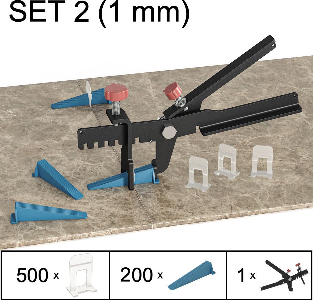 Fliesen Nivelliersystem Verlegehilfe Fliesen Plan System, Set 2, 500 Laschen, 200 Keile, Zange, 1 mm