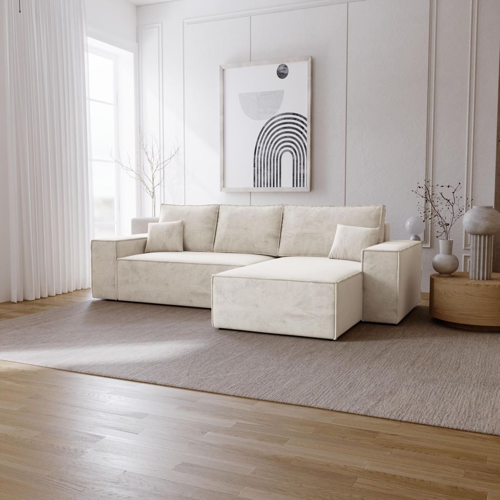 Ecksofa mit Schlaffunktion Bergamo L - Sofa 275 cm mit Bettkasten - Rechts, Ecksofa L-Form, Schlafsofa Vanille (Amor Velvet 4323)