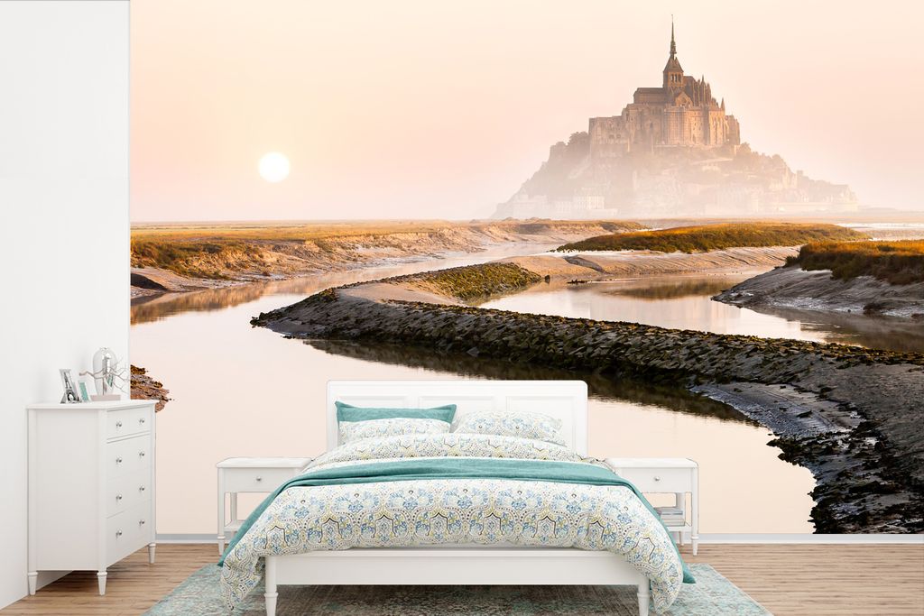 MuchoWow Fototapete für Wohnzimmer oder Schlafzimmer Wandtapete Vinyl Motivtapete Frankreich - Nebel - Sonne - 450x300 cm - Gemusterte