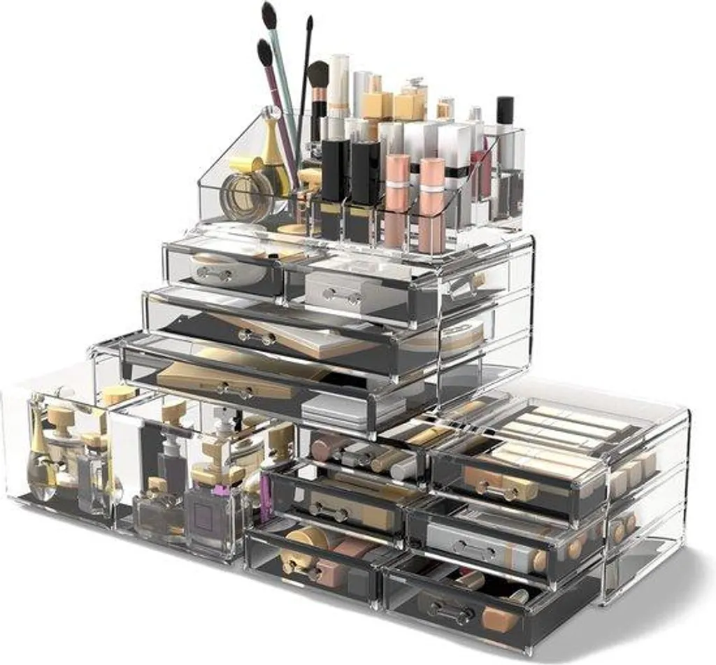 Grande Boîte de Rangement Maquillage Transparente 12 Compartiments 4 Niveaux