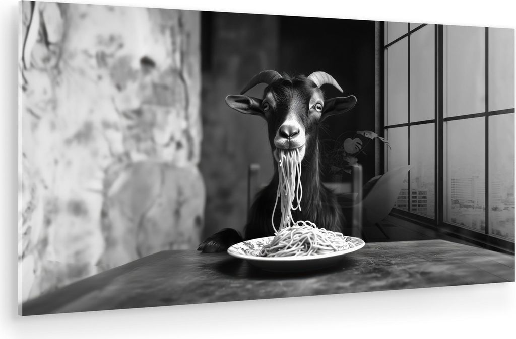 MuchoWow Glasbilder - Bilder auf Wandbild - Foto auf Glas Ziege - Teller - Spaghetti - Schwarz und weiß 80x40 cm Wanddekoration aus Glas - Acrylgl...