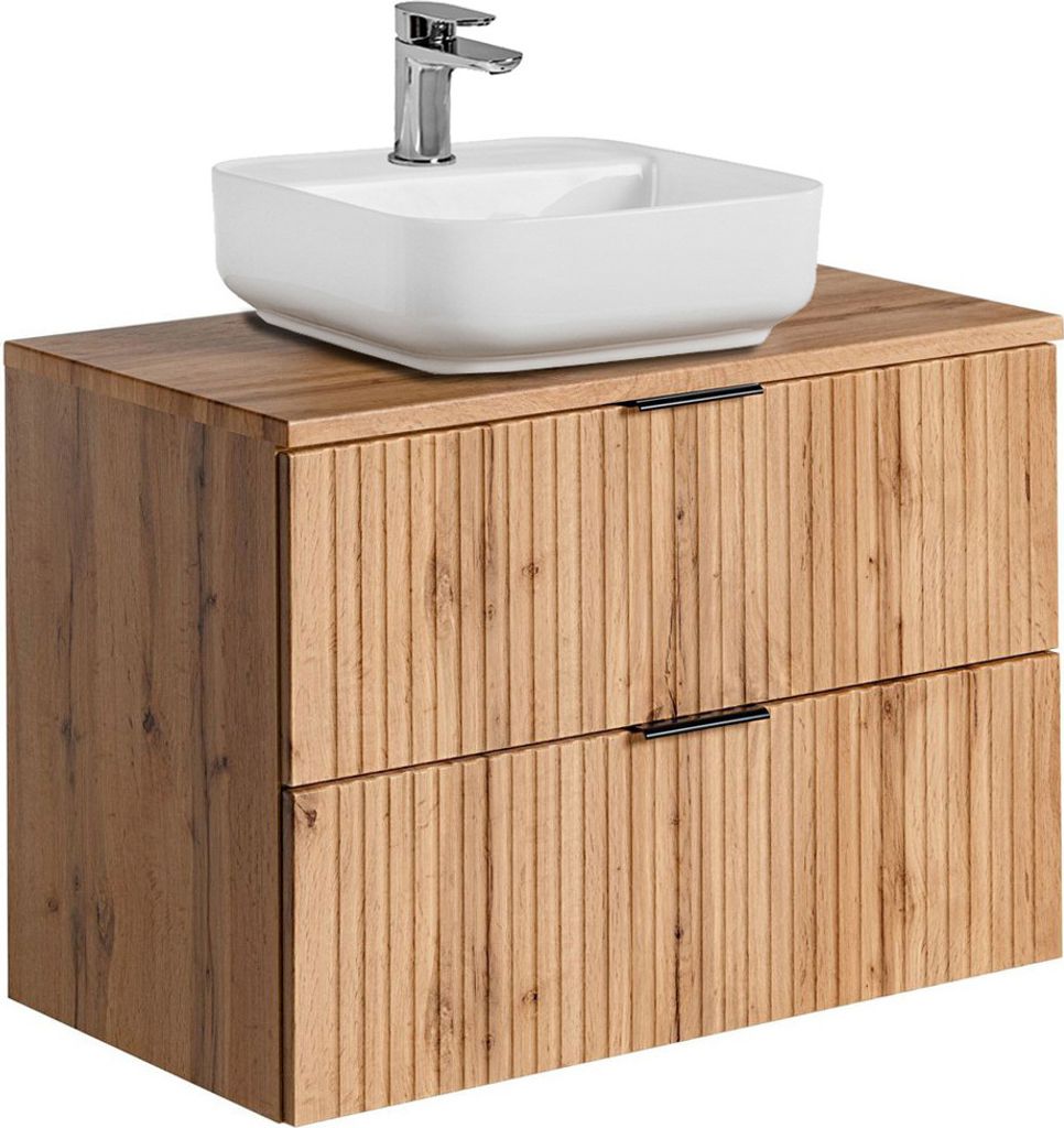 Badmöbel Waschtisch Unterschrank Set Wotaneiche gerillt, 40 cm Keramik-Waschbecken, 2 Softclose-Schubkästen, B/H/T 80,6/73,2/46,5 cm