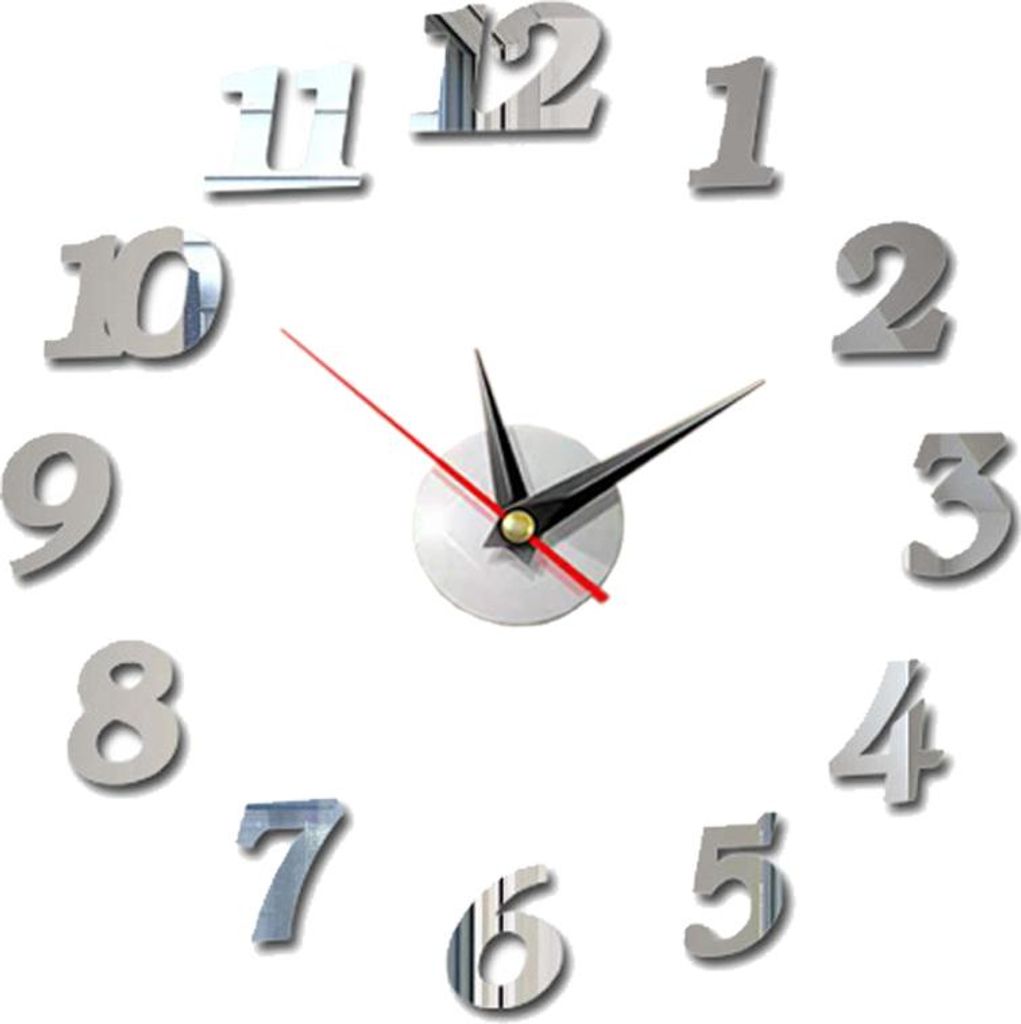 Rahmenlose DIY-Wanduhr, moderne 3D-Wanduhr mit Spiegel und Digitalaufkleber,silver