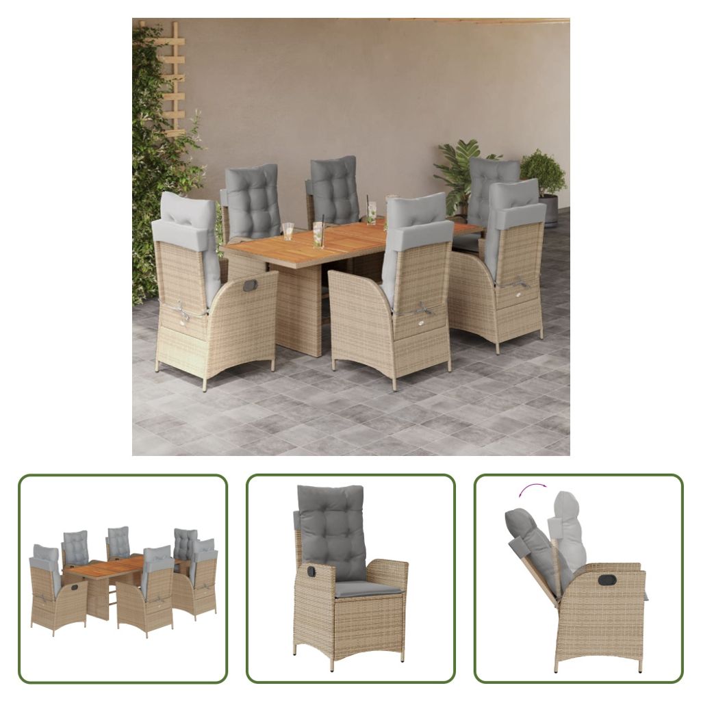 The Living Store 7-tlg. Garten-Essgruppe mit Kissen Beigemischung Poly Rattan