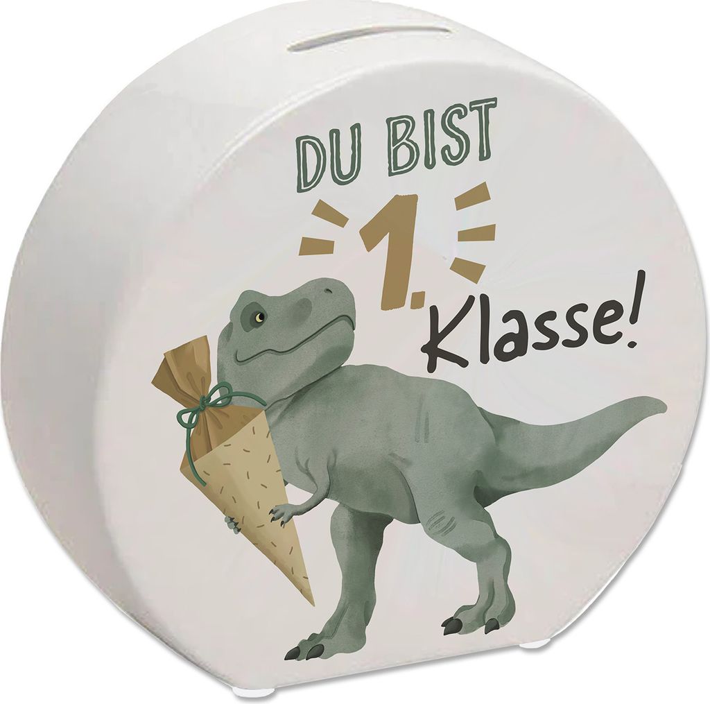 Dino mit Schultüte Spardose mit Spruch Du bist 1. Klasse!