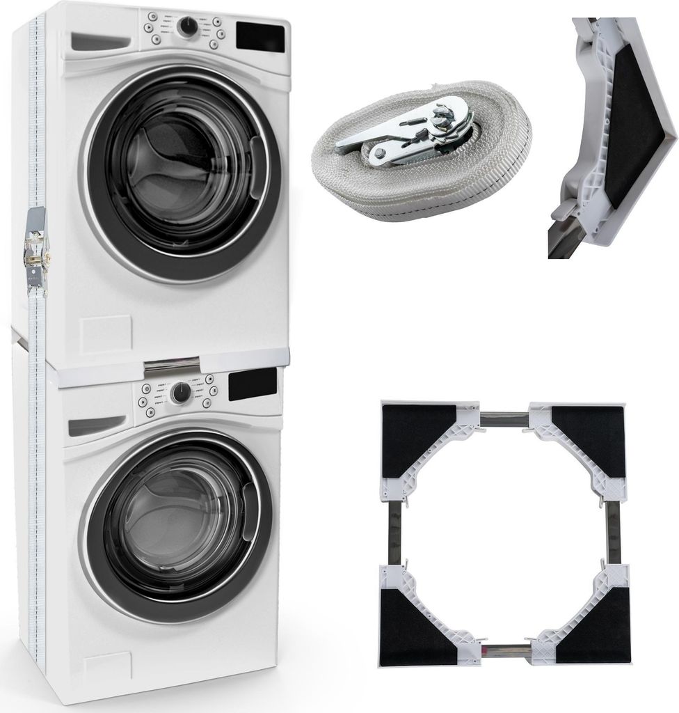 A collage of images related to washing machines, including stacked units, a strap, and adjustable base parts.