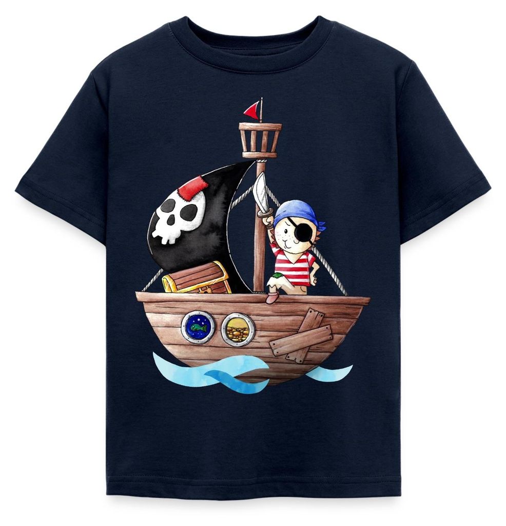 Spreadshirt Kleiner Pirat Mit Seinem Schiff Kinder T-Shirt, 110/116 (5-6 Jahre), Navy