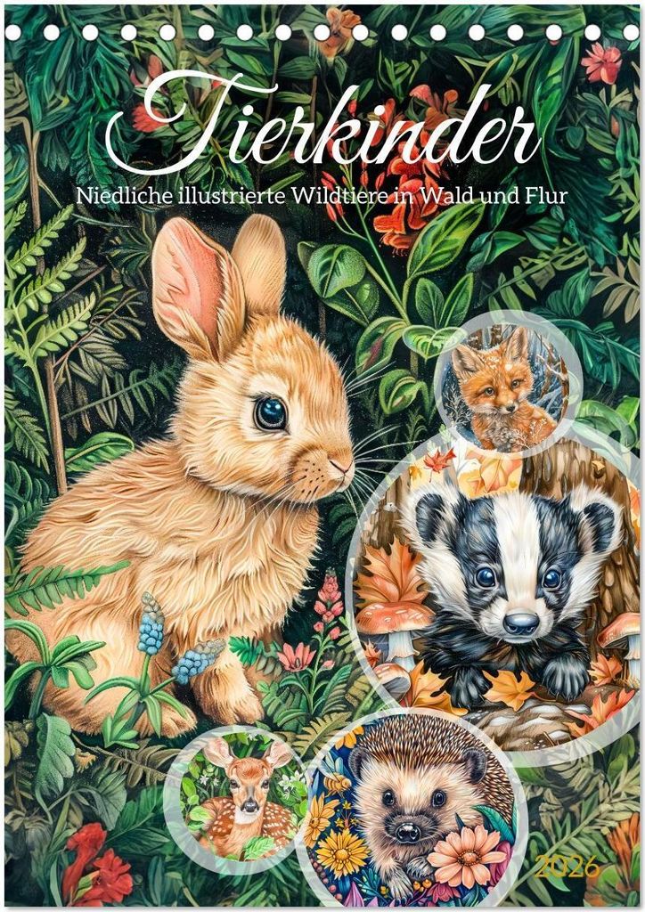 Tierkinder - Niedliche illustrierte Wildtiere in Wald und Flur (Tischkalender 2026 DIN A5 hoch), CALVENDO Monatskalender