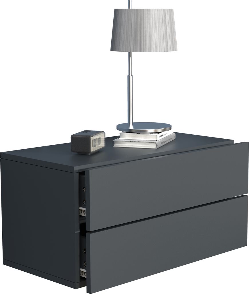 A dark gray nightstand with two drawers, a lamp, and a small digital clock on top, set against a white background.
