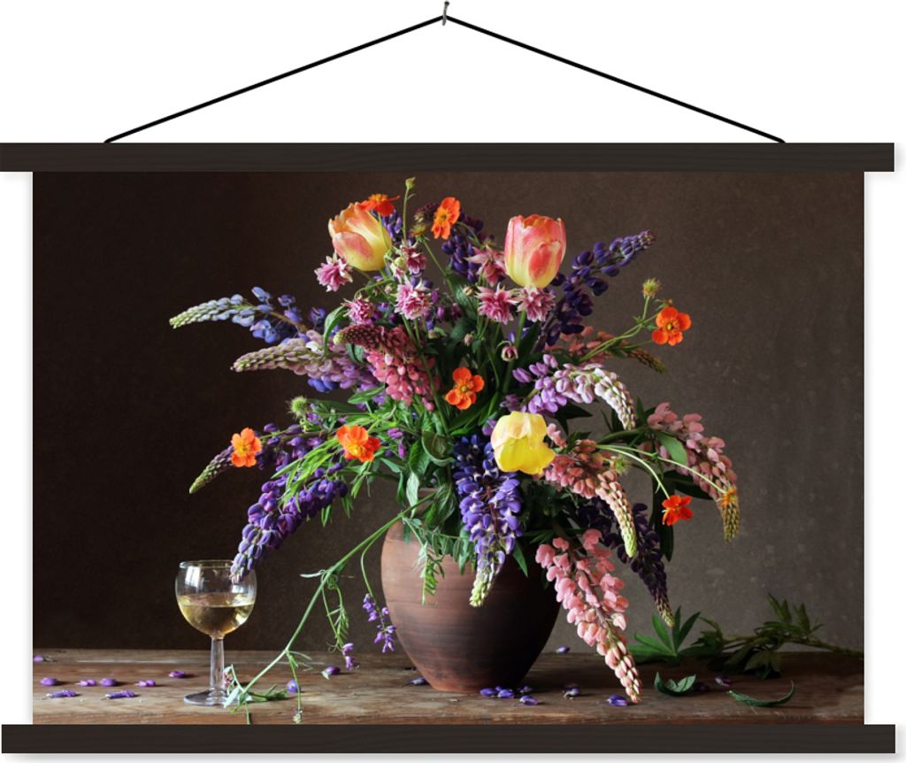 MuchoWow Textilposter Stilleben - Wein - Blumen 60x40 cm mit schwarzem Rahmen - Hölzernes