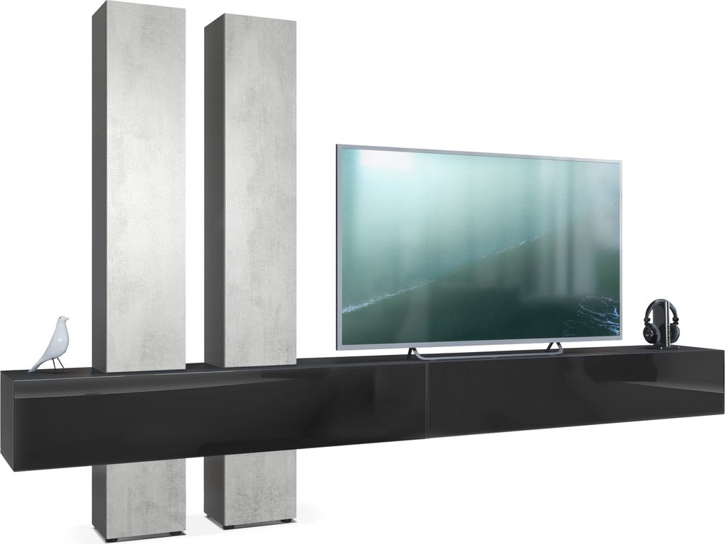 Vladon Wohnwand Moja, Germany, - Schwarz matt & Schwarz/Beton Oxid Optik - Moderne Anbauwand für Ihr Wohnzimmer (BxHxT) 330 x 204 x 39 cm