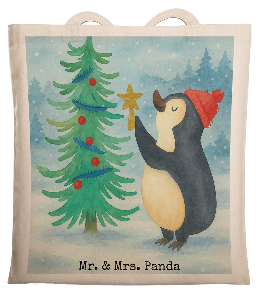 Mr. & Mrs. Panda Einkaufstasche Pinguin Weihnachtsbaum Design - Weiß - Geschenk, Tasche, Weihnachten, Schultasche, Laptoptasche, Winter, Jutebeute...