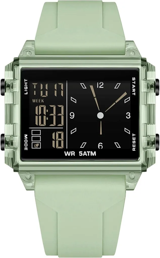 Orologio Rettangolare Sportivo 5ATM: Digitale Analogico in Silicone Resistente