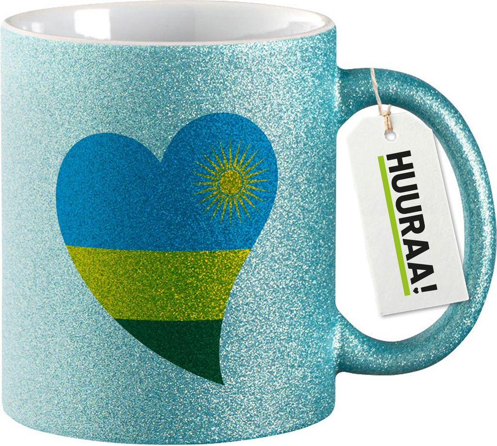 Huuraa Glitzertasse Ruanda Flagge Herz 330ml Blau Keramik Kaffeebecher Geschenkidee