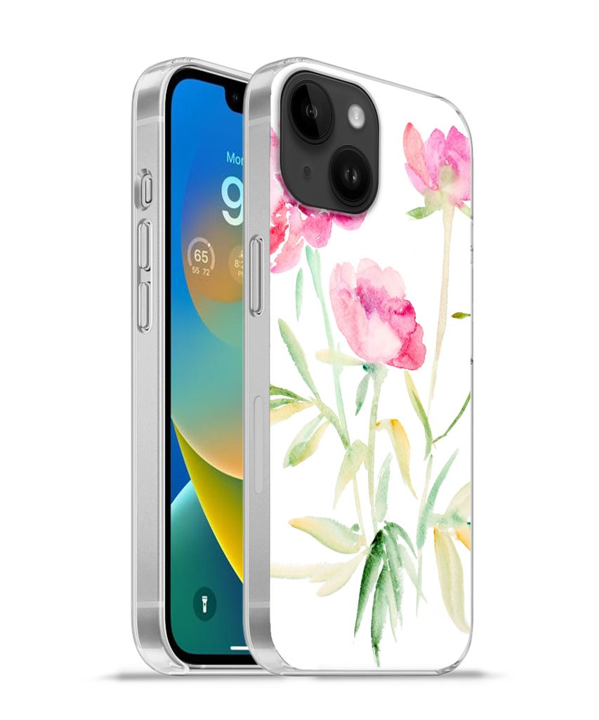 MuchoWow Handyhülle Schutzhülle Hülle für Apple iPhone 14 - Softcase Blumen - Aquarell - Rosa Silikon Softcase Handy Hülle - Mobiltelefonhülle