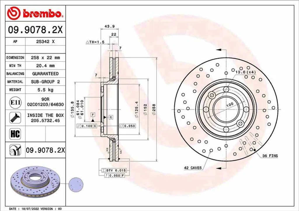 Disque de frein Brembo Xtra 09.9078.2X pour Renault Clio et Captur