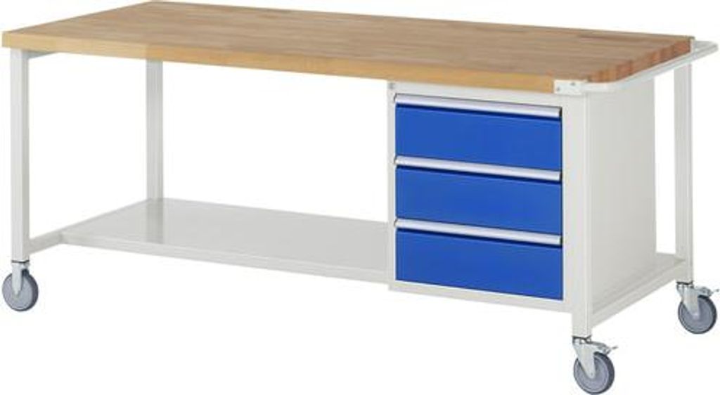 Mobile Werkbank mit Ablageboden - 3 Schubladen - Vollauszug - 180:3 - höhenverstellbar 880-1.080 mm - 2.000 x 900 mm (BxT) - Traglast 450 kg
