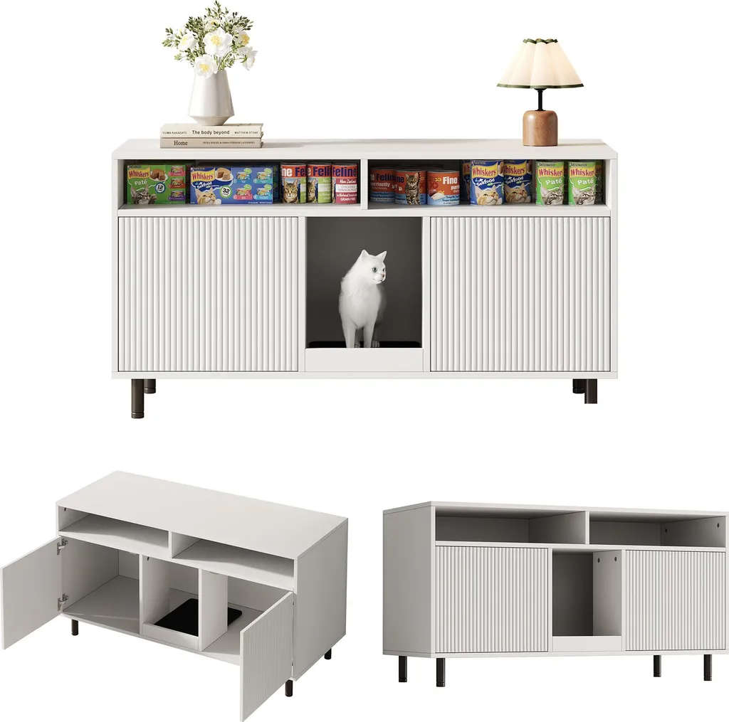 Meuble Anti-Odeur pour Litière Chat, Armoire Blanche avec Rangement - 8
