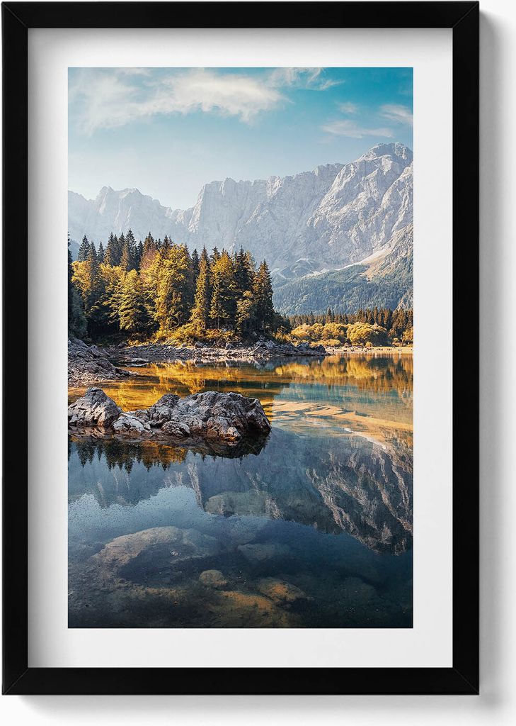 Schöne Berglandschaft mit einem See– Wandbild mit Rahmen – Gerahmtes Bild – Wanddekoration – 40x60 cm – Schwarz