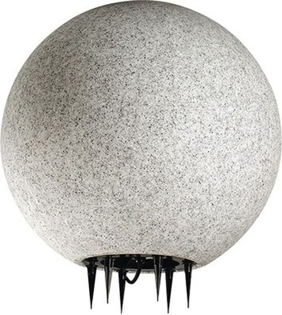 A spherical lamp with a speckled gray surface and black spikes on the bottom.