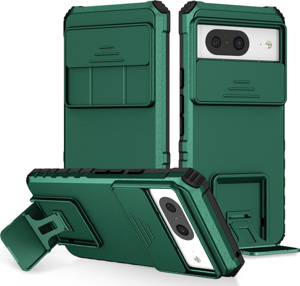 Dual Layer Hülle für Google Pixel 8 Stossfest Robust Ständer Schutzhülle mit Schiebe Kamera Schutz Grün