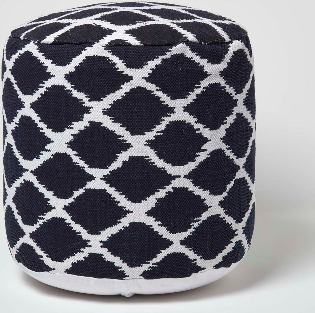 HOMESCAPES Runder Pouf mit Ikat-Muster – blau-weiß, 40x45 cm