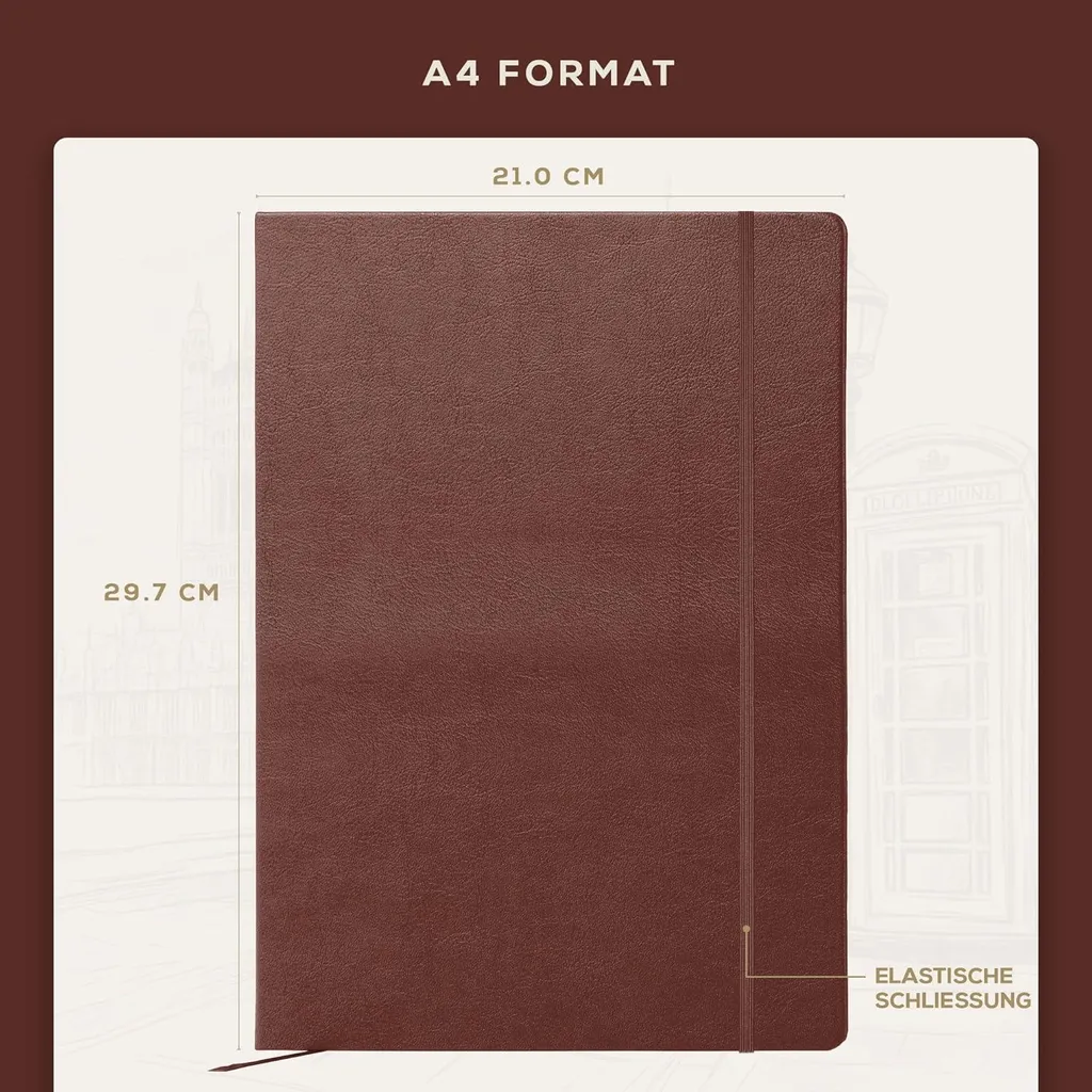 Carnet A4 ligné papier premium et couverture rigide marron résistante