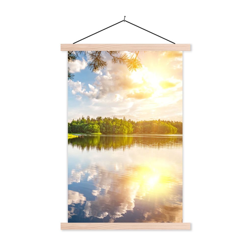 MuchoWow Textilposter Bäume - Wasser - Sonne 120x180 cm mit holzfarbenen Rahmen - Textil-Plakat