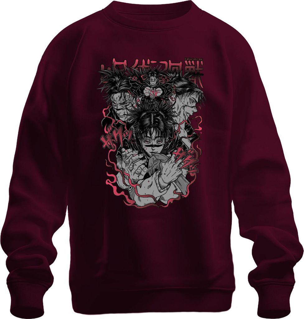 呪術廻戦 Sukuna Yuji Megumi Anime Manga Geschenk Anime Ästhetik Uni Sweatshirt Pullover, Burgundy, XL