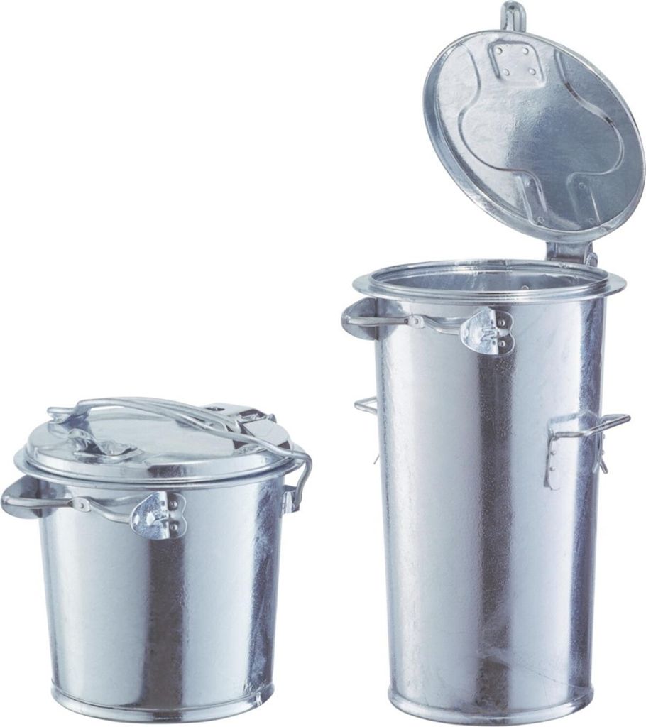 Two galvanized steel trash cans with lids, one open and one closed, against a white background.