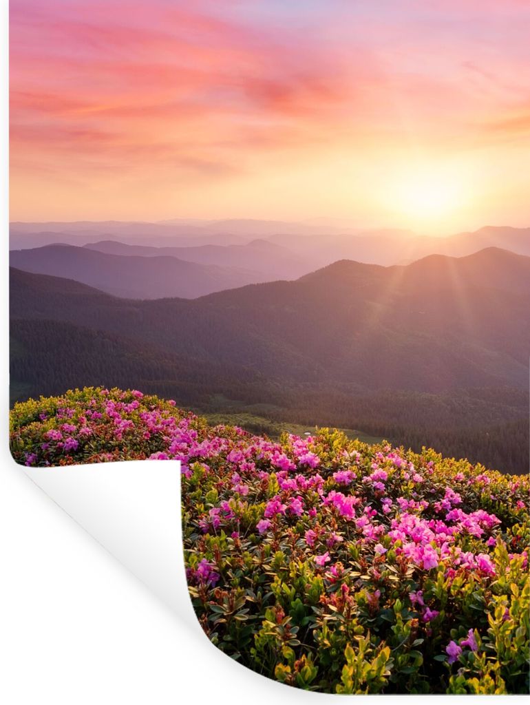 MuchoWow Wandtattoo Wandsticker Wandaufkleber Blumen - Berg - Sonnenuntergang - Landschaft 90x120 cm Selbstklebend und Repositionierbar - Faltenfrei