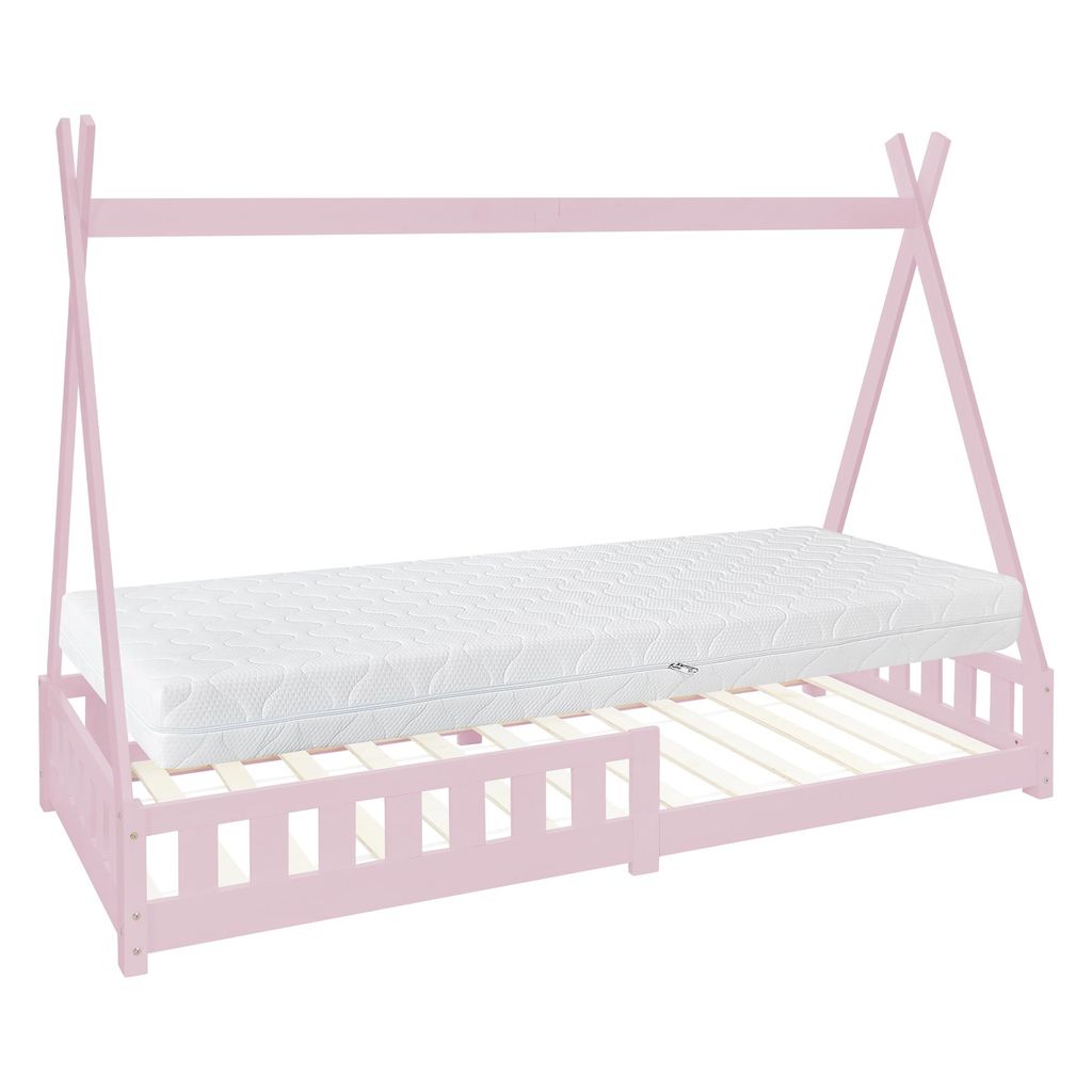 ML-Design Kinderbett Tipi 90x200 cm mit Matratze, Rausfallschutz und Lattenrost, aus Kiefernholz, Rosa, Hausbett mit Zaun Bodenbett Holzbett