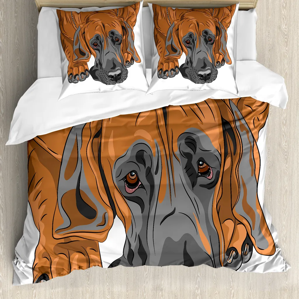 Ensemble housse de couette 155x220 cm motif chien triste cannelle