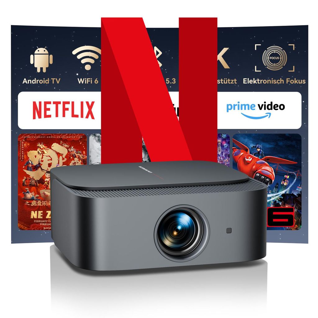 Beamer 4K Mit Netflix Beamer (25000 lm, 25000 : 1, 3840x2160, 1920x1080 px, Elektrische Fokussierung, 4D 4P elektronische Trapezkorr