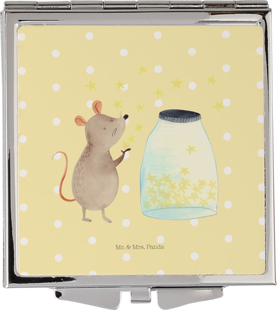 Mr. & Mrs. Panda Schminkspiegel Maus Sterne - Gelb Pastell - Geschenk, Taufgeschenk, Kindergeburtstag, Handspiegel, Kleiner Spiegel, Lustige Sprüc...