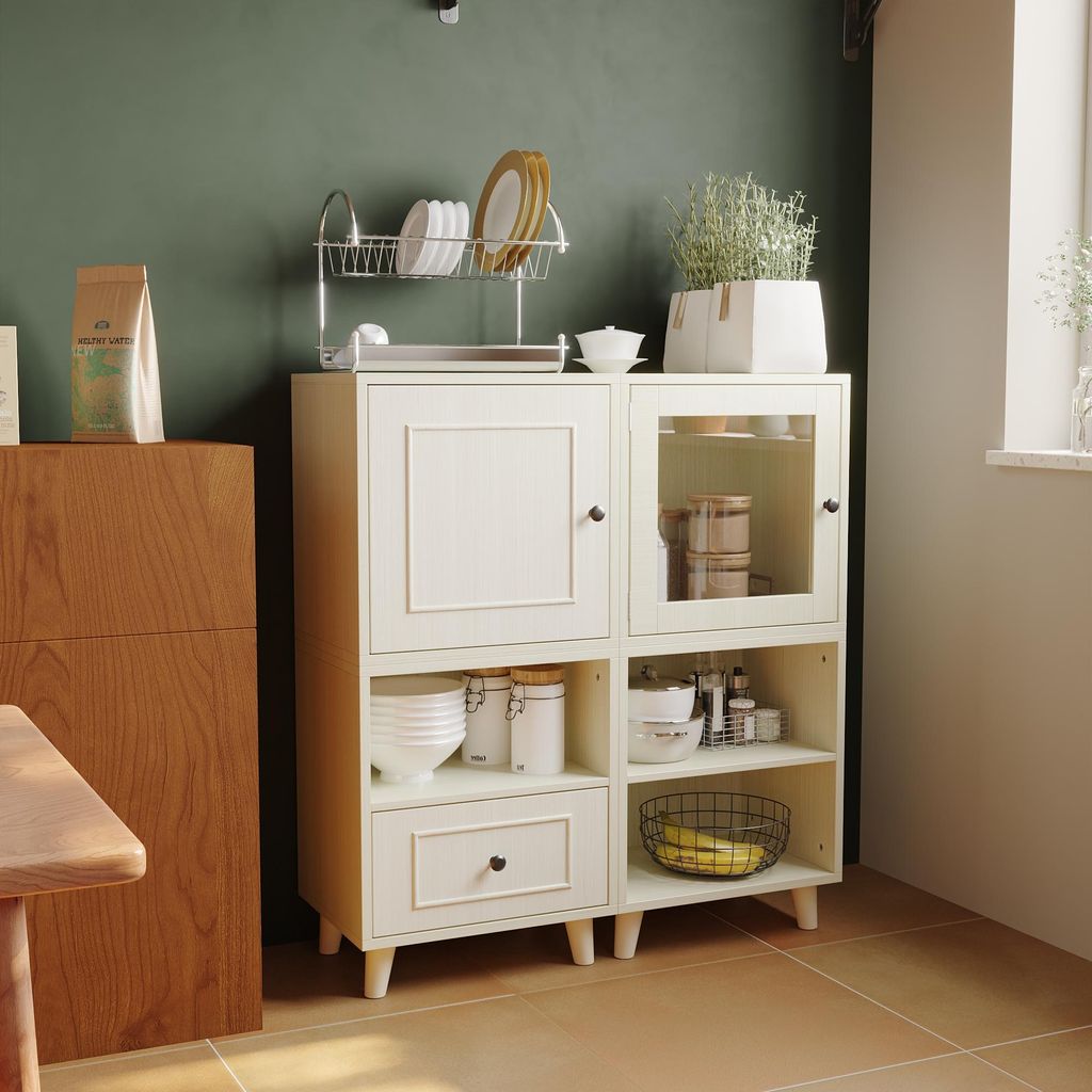 Vitrine Besteht aus 4 kleinen Schränken mit Glastüren, Schubladen und Sockeln aus Massivholz, Weiß, Massivholz+MDF+Glas, Maße pro Schrank: 40×...