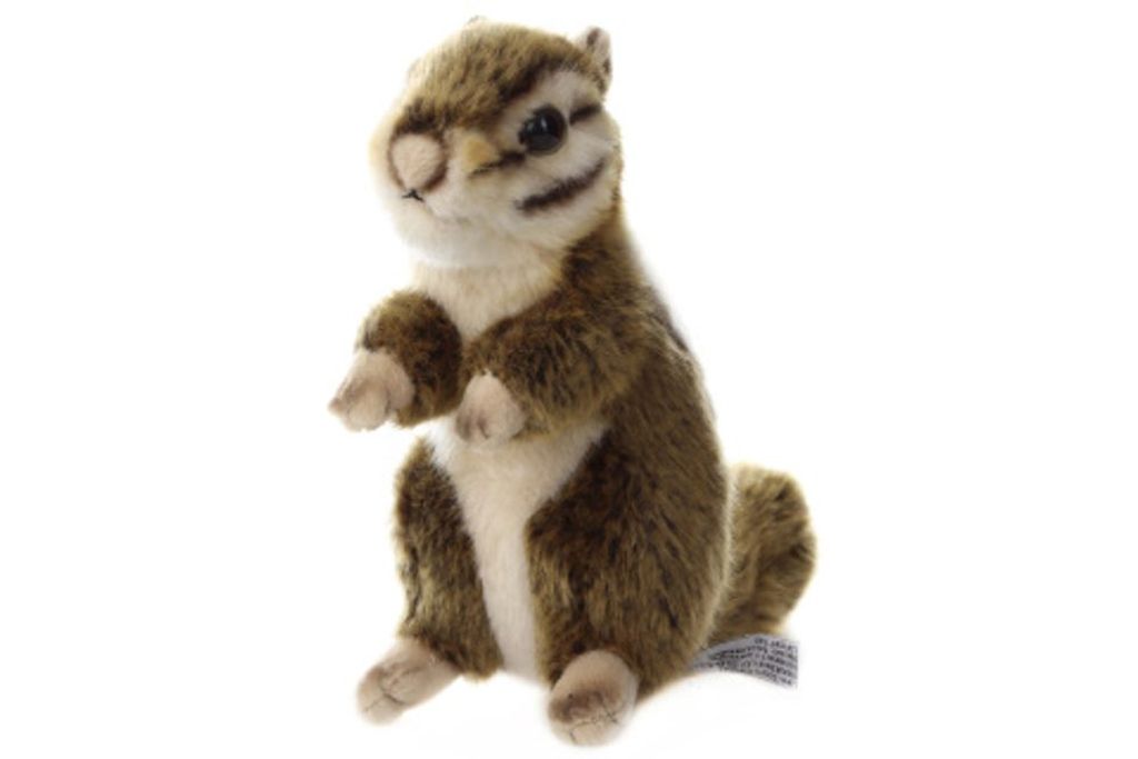 A plush toy chipmunk is shown from the front against a white background.