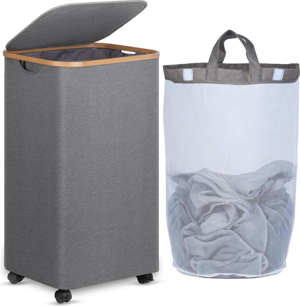 Koš na prádlo s kolečky a víkem z bambusu 100L šedý Obrázek produktu 