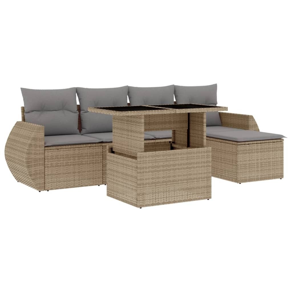 vidaXL 6-tlg. Garten-Sofagarnitur mit Kissen Beige Poly Rattan