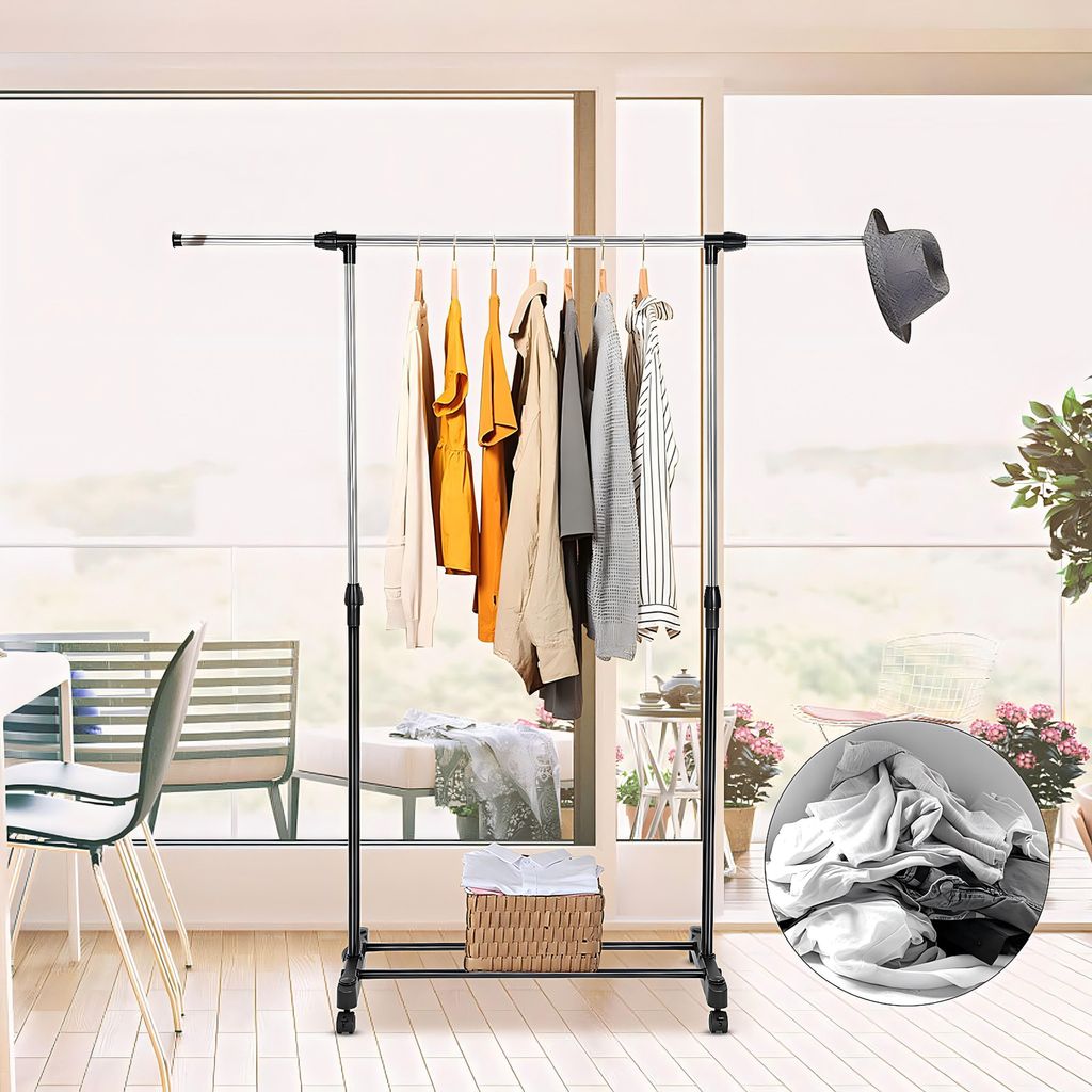 Kleiderständer auf Rollen, Garderobenständer, Kleiderwagen Höhenverstellbar, Schwarz