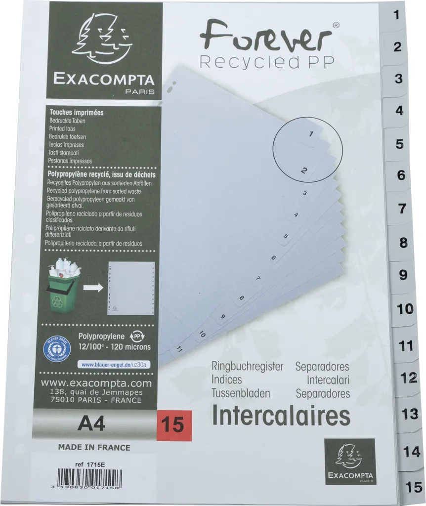 Intercalaires 15 positions A4 en PP recyclé gris résistant Exacompta