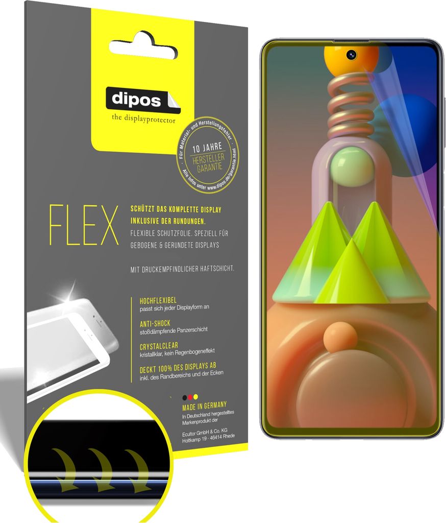 2x Schutzfolie für Samsung Galaxy M51 Folie, 100% Displayabdeckung, dipos Flex