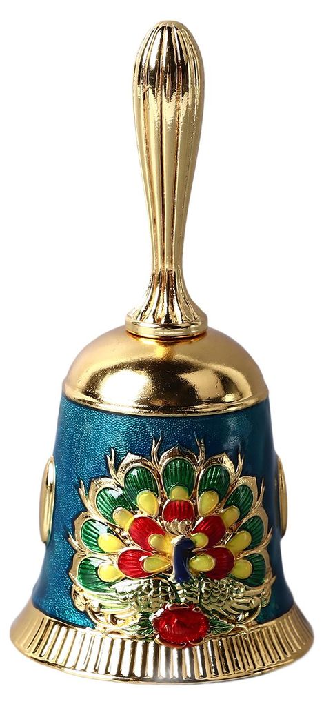 Handglocke, Vintage-Messing, antik, exquisites geschnitztes Muster, Rufglocke für Abendessen, Hochzeit, Party, Familie, Schule, Gold mit buntem Blau
