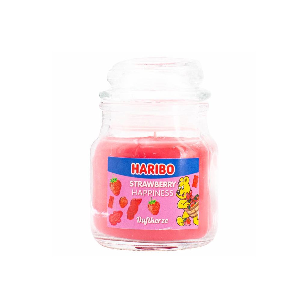 Haribo Duftkerze Strawberry Happiness Mini, Kerze im Glas, Erdbeere Duft, 85 g