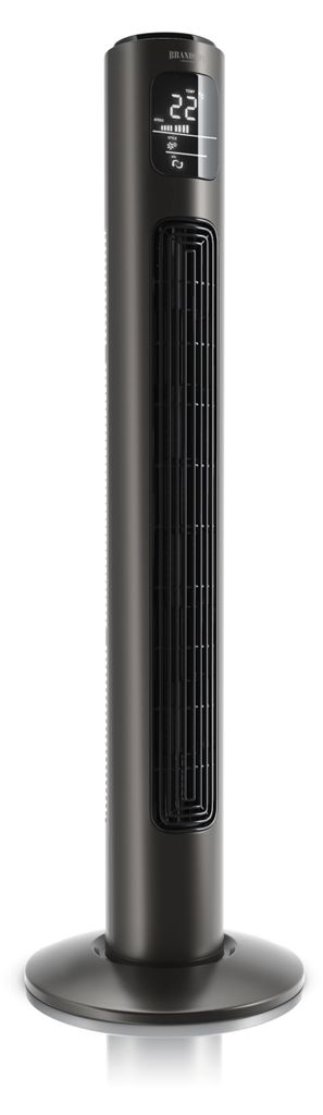 A dark gray tower fan on a white background.
