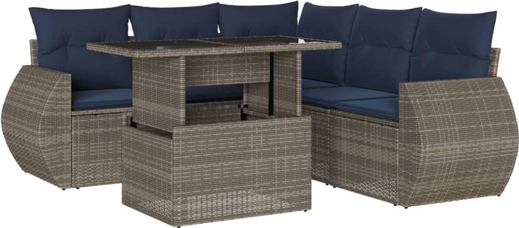 6-teiliges Gartensofa-Set mit Kissen, grau, Polyrattan
